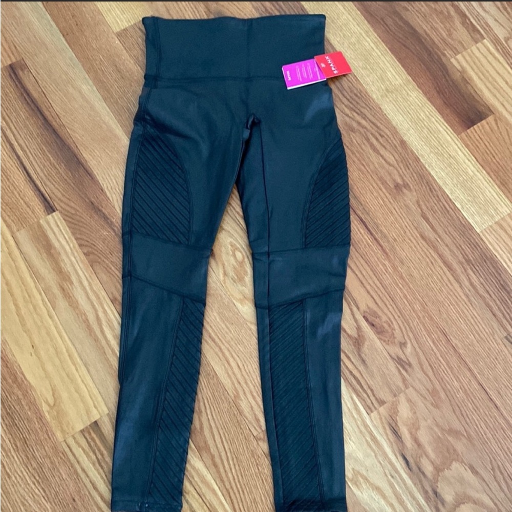 NWT Spanx black faux leather moto leggings size L